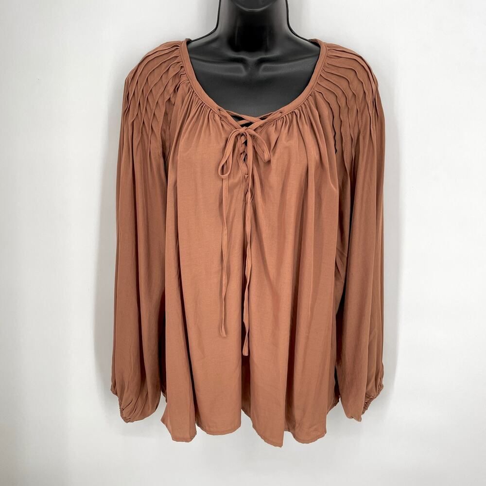 Mustard Seed NEW Pintuck Shoulder Lace-Up Top Mocha Brown NEW Women Sz S